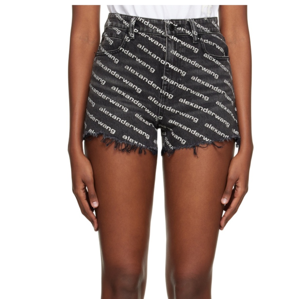Alexander Wang Black Jean Shorts with Distressed Hem and Logo Print